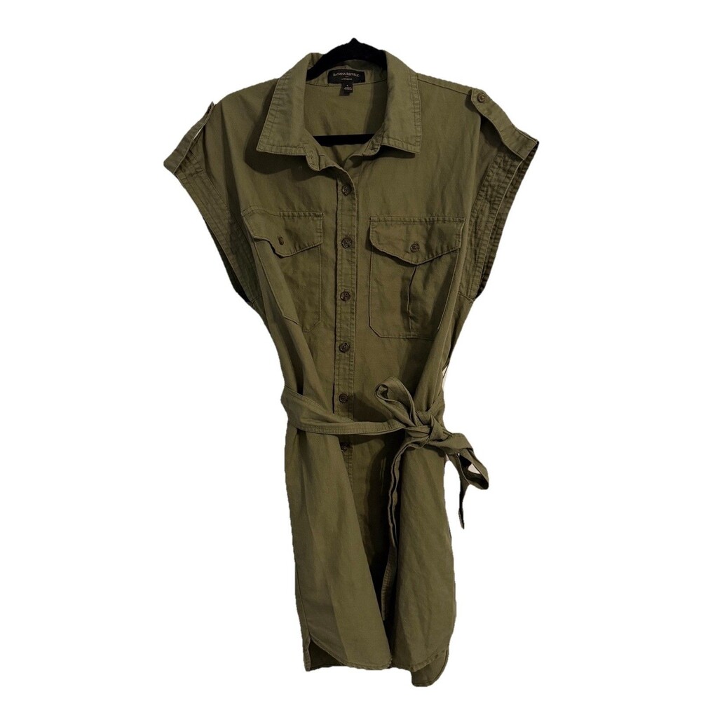 Banana Republic Women's Button-Down Dress Olive Green Size L Linen Blend Belted